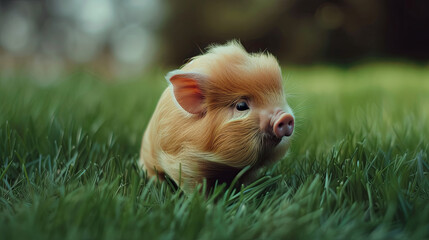 A charming pink pig enjoys the sunshine on vibrant green grass