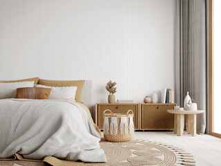 White boho bedroom with wooden and rattan furniture. 3d rendering