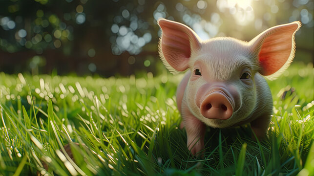 Cute pink pig basks on the green bright grass