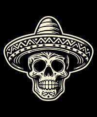 mexican white skeleton skull wearing a sombrero hat isolated on black