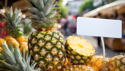 Pineapple (ananas) in bazaar with empty price signboard to text, selective focus