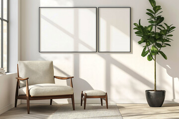 Interior design, Empty pictures in frames hanging on white wall.