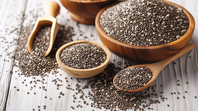 Chia seeds laid out on a plate against a white isolated background