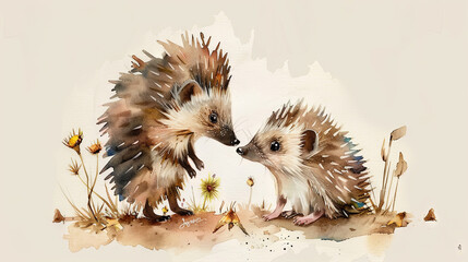 Charming watercolor artwork showcasing an endearing scene with a affectionate mother hedgehog and her adorable offspring - obrazy, fototapety, plakaty