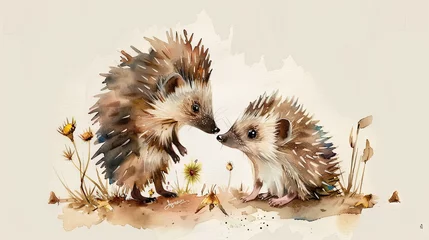 Foto op Plexiglas Charming watercolor artwork showcasing an endearing scene with a affectionate mother hedgehog and her adorable offspring © Taisiia
