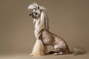 A Chinese Crested dog posing gracefully against a neutral homogeneous backdrop