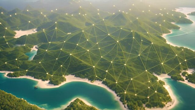 Dynamic polygon line background with prominent illustration of world islands. Futuristic geometric design.

