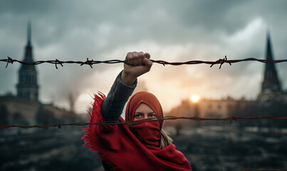 Standing against oppression concept with masked woman grabbing barbwire, opposition and standing up against tyranny - obrazy, fototapety, plakaty