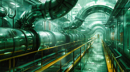 Obraz premium Industrial Steel Pipeline, Engineering and Manufacturing Concept, Blue Background with Metallic Pipes