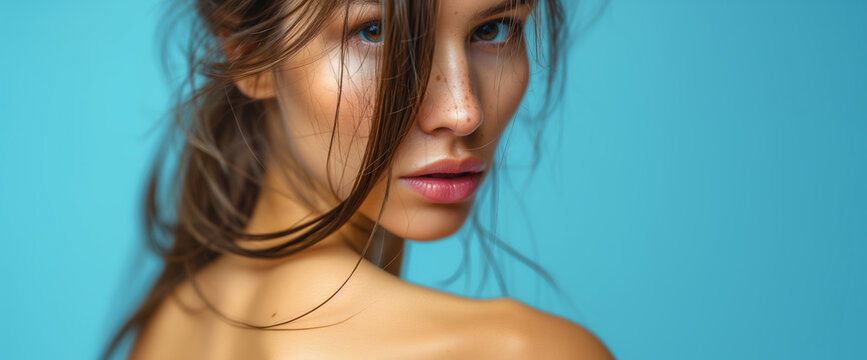 Close-up on beautiful woman face with freckles looking over shoulder in studio