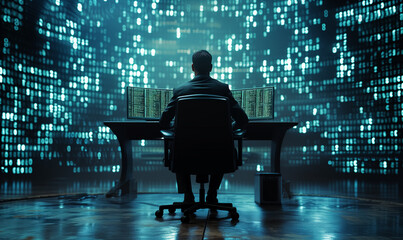 Back view of Programmer Working on Desktop Computer. Male IT Specialist Creating Innovative Software Engineer Developing App, Program, Video Game. Terminal with Coding Language