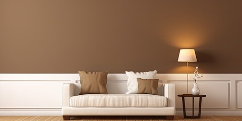 Brown wall, decorative corner, white door, frame lamp, sofa decoration.