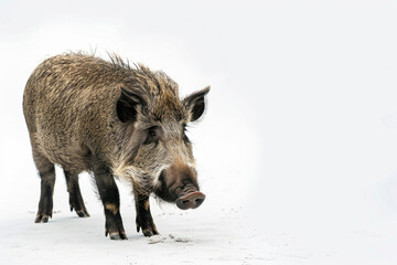 A powerful boar exudes strength and intensity against a pristine white backdrop