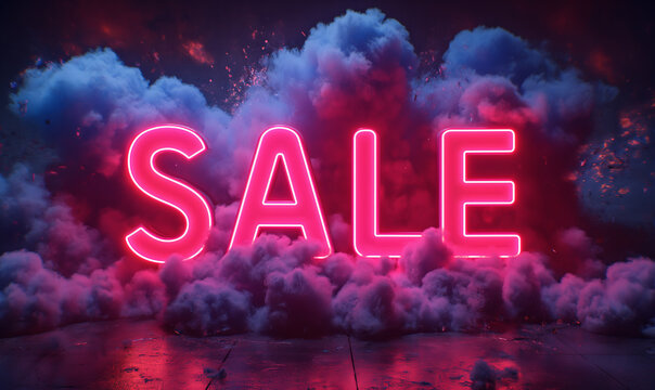 Sale text in neon light and big explosion behind