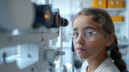 Small girl with glasses is at oculist examination. Eyes care concept. Selective focus. Copy space  - obrazy, fototapety, plakaty