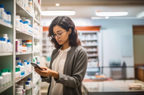 Doctor Uses Smartphone to Check Medication Inventory in Pharmacy.Generated image