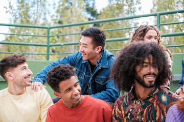 Group of friends watching a game together and supporting their team. Concept: fans