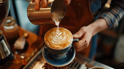 Foto op Plexiglas A talented barista meticulously crafting a beautiful latte art design in a cozy café setting.  © Rai