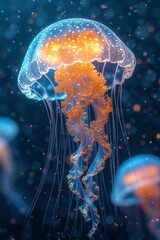 A large transparent jellyfish swims underwater