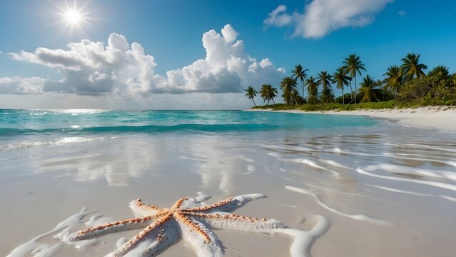 a calm and beautiful view of the beach with a starfish in the foreground
