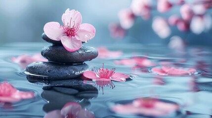 Fototapeta na wymiar Zen stones and cherry blossoms on water. Spa and relaxation concept.