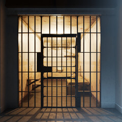 The gloomy interior of a single occupancy cell in an old jail. Life behind bars