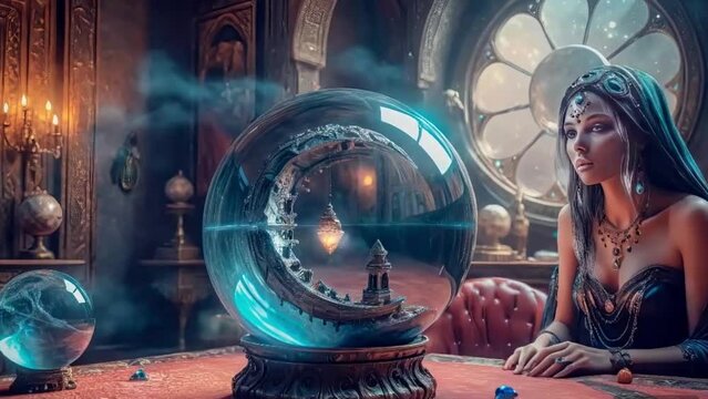 A beautiful mysterious fortune teller with piercing eyes predicts fate on a magic ball, cyclic video