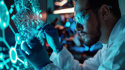 A nanotechnologist working with materials and devices at the nanoscale for advanced applications — formulas and calculations, precise calculation, assembly and testing