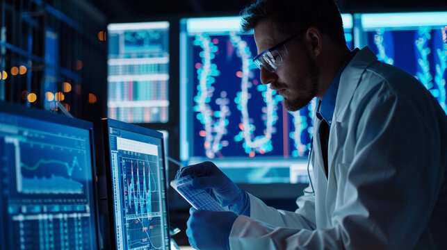 A bioinformatics scientist analyzing biological data using computational methods and algorithms — formulas and calculations, precise calculation, assembly and testing