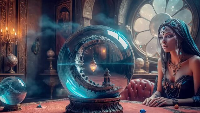 A beautiful mysterious fortune teller with piercing eyes predicts fate on a magic ball, cyclic video
