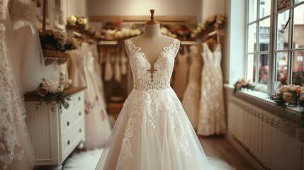 Fototapeta na wymiar Elegante Versprechen: Ein prachtvolles Brautkleid in einem Brautmodengeschäft