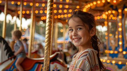 Fototapeta na wymiar Young Girl Smiles Riding Merry Go Round