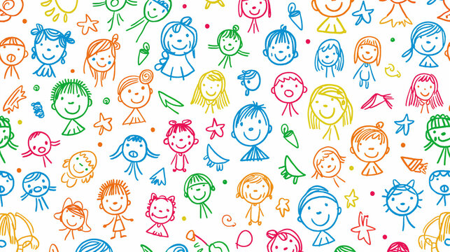 Desenho infantil colorido personagens e elementos - Papel de parede