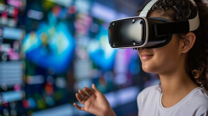 A young girl explores a vibrant digital world, her curiosity piqued as she reaches out to touch the virtual reality before her.