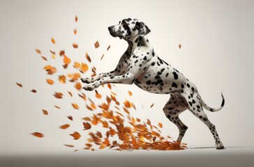 A lively dalmatian dog frolics with falling autumn leaves in a minimalist setting, portraying joy and playfulness