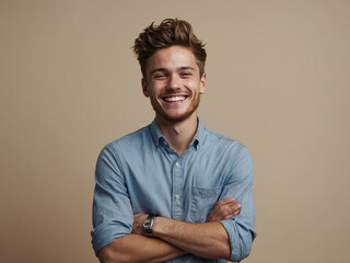 Funny smiling funny young man laughs at the camera, photo studio, Joy Unleashed, The Infectious Laughter of a Dashing Young Man, Beige background