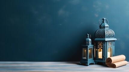 Traditional arabic cultural elements: lantern, quran, and misbaha arranged on blue wooden table - flat lay composition with copy space

