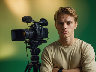 Handsome young man on camera, photo studio, Green background