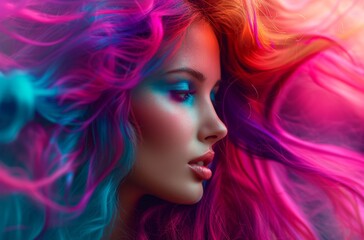 Surreal and artistic portrait of a woman with vibrant neon hair and makeup, evoking a dream-like fantasy atmosphere