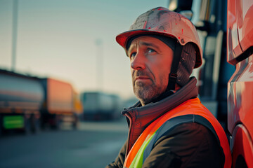 portrait of an experienced adult male truck driver wearing a hard hat and neon vest standing near his truck. Transport transportation, logistics - obrazy, fototapety, plakaty