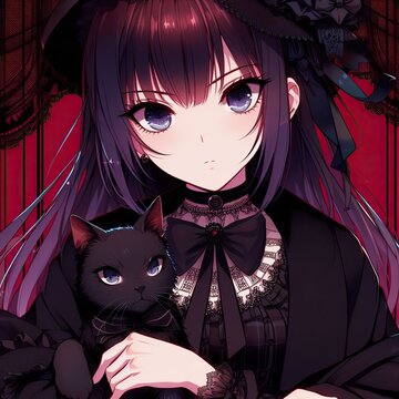Chica anime con estilo g&oacute;tico cargando a su gato.