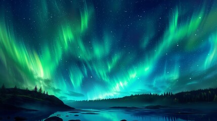 Gentle waves of green aurora flow above tranquil waters, bordered by dark forest, showcasing Earth's quiet night-time beauty.