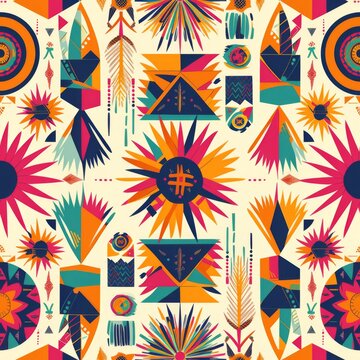 A seamless pattern celebrating Native American heritage, featuring vibrant symbols and feather motifs on a warm backdrop.