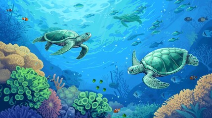 A colorful illustration capturing the dynamic and rich underwater world, with sea turtles swimming among teeming coral reefs and schools of fish.