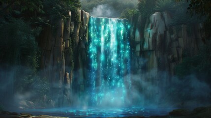 An illustration depicting a captivating waterfall oasis, glowing with a mystical light, nestled in a lush tropical environment, invoking a sense of wonder.