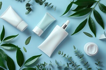 Flat lay mockup of four different cosmetic containers surrounded by green leaves on blue background - obrazy, fototapety, plakaty