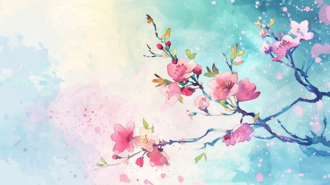 Dreamy Spring Cherry Blossoms Watercolor Background