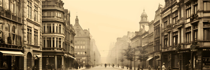 Timeless Elegance: A Vintage Black and White Photo of a Quaint Victorian-Styled Town Street