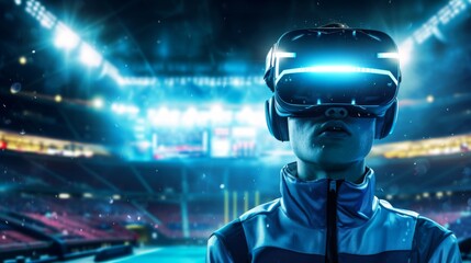 An exhilarating virtual reality encounter as an individual is engrossed in a sports game simulation, with the stadium lights reflecting off their VR headset.