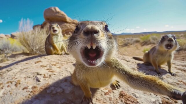 A prairie dog in the desert takes a picture with his friends